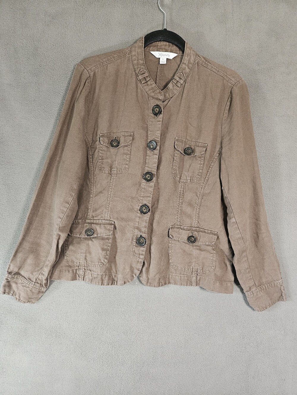 Relativity Womens XL Button Up Jacket 100% Linen Brown Cargo Lagenlook